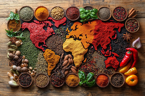 A world map made of spices